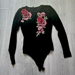 Black Floral Embroidered Body Suit